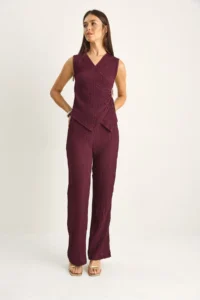 Bianco Lucci Women's Double Breasted Collar Draped Accessory Detailed Blouse Elastic Waist Trousers Wrap Suit 2334 - Image 2