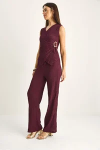 Bianco Lucci Women's Double Breasted Collar Draped Accessory Detailed Blouse Elastic Waist Trousers Wrap Suit 2334 - Image 3