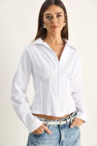 Bianco Lucci Women's Corset Detailed Back Tie Zipper Shirt 4242