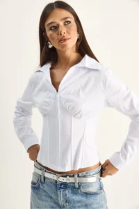 Bianco Lucci Women's Corset Detailed Back Tie Zipper Shirt 4242 - Image 3