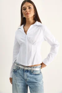 Bianco Lucci Women's Corset Detailed Back Tie Zipper Shirt 4242 - Image 4