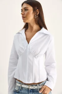 Bianco Lucci Women's Corset Detailed Back Tie Zipper Shirt 4242 - Image 5