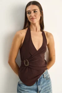 Bianco Lucci Women's Halter Neck Buckle Drape Detailed Blouse 2306 - Image 2
