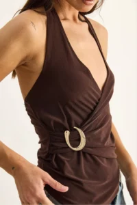 Bianco Lucci Women's Halter Neck Buckle Drape Detailed Blouse 2306 - Image 5
