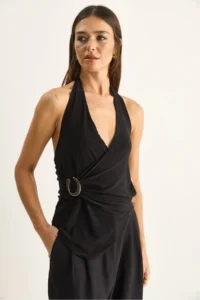 Bianco Lucci Women's Halter Neck Buckle Drape Detailed Blouse 2306 - Image 2