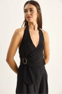 Bianco Lucci Women's Halter Neck Buckle Drape Detailed Blouse 2306 - Image 4