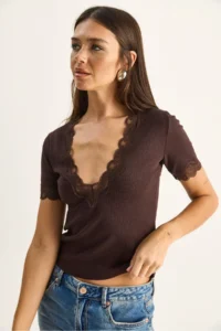 Bianco Lucci Women's Deep V-Neck Lace Detailed Corduroy Blouse 1080 - Image 2