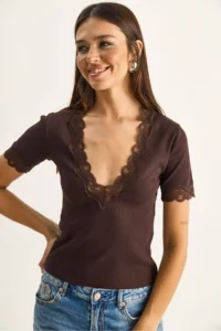Bianco Lucci Women's Deep V-Neck Lace Detailed Corduroy Blouse 1080 - Image 5