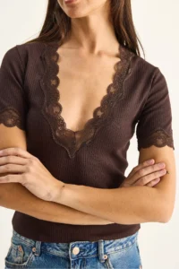 Bianco Lucci Women's Deep V-Neck Lace Detailed Corduroy Blouse 1080 - Image 6