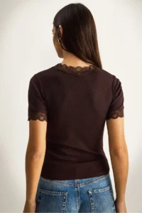 Bianco Lucci Women's Deep V-Neck Lace Detailed Corduroy Blouse 1080 - Image 7
