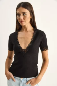 Bianco Lucci Women's Deep V-Neck Lace Detailed Corduroy Blouse 1080 - Image 2