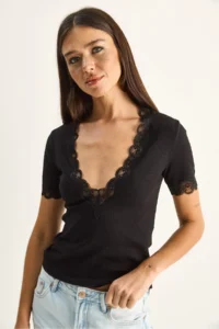 Bianco Lucci Women's Deep V-Neck Lace Detailed Corduroy Blouse 1080 - Image 4