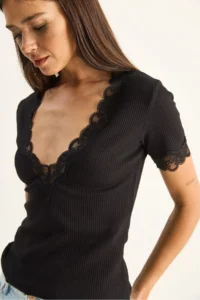 Bianco Lucci Women's Deep V-Neck Lace Detailed Corduroy Blouse 1080 - Image 6
