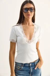 Bianco Lucci Women's Deep V-Neck Lace Detailed Corduroy Blouse 1080 - Image 2