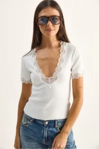 Bianco Lucci Women's Deep V-Neck Lace Detailed Corduroy Blouse 1080 - Image 4