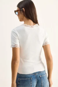 Bianco Lucci Women's Deep V-Neck Lace Detailed Corduroy Blouse 1080 - Image 6