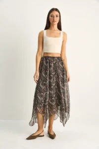 Bianco Lucci Women's Patterned Asymmetrical Cut Lined Chiffon Midi Skirt - Image 2