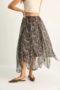 Bianco Lucci Women's Patterned Asymmetrical Cut Lined Chiffon Midi Skirt - Image 5