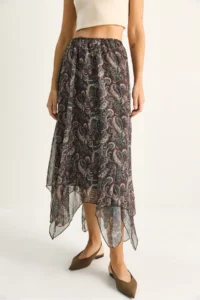 Bianco Lucci Women's Patterned Asymmetrical Cut Lined Chiffon Midi Skirt - Image 6