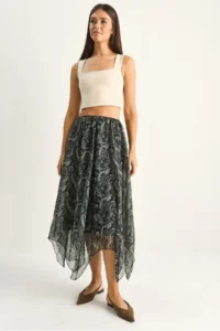 Bianco Lucci Women's Patterned Asymmetrical Cut Lined Chiffon Midi Skirt