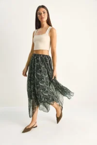 Bianco Lucci Women's Patterned Asymmetrical Cut Lined Chiffon Midi Skirt - Image 2