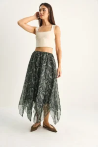 Bianco Lucci Women's Patterned Asymmetrical Cut Lined Chiffon Midi Skirt - Image 3