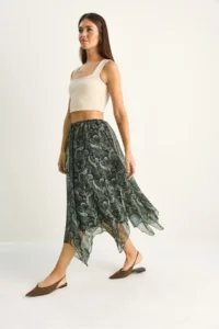 Bianco Lucci Women's Patterned Asymmetrical Cut Lined Chiffon Midi Skirt - Image 4