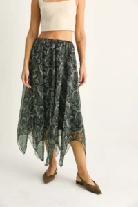 Bianco Lucci Women's Patterned Asymmetrical Cut Lined Chiffon Midi Skirt - Image 5