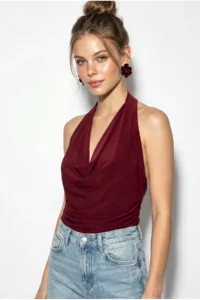 Bianco Lucci Women's Off Shoulder Collar Halter Neck Draped Accessory Belted Blouse 28001 - Image 4