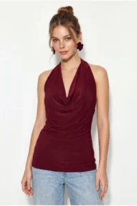 Bianco Lucci Women's Off Shoulder Collar Halter Neck Draped Accessory Belted Blouse 28001 - Image 5