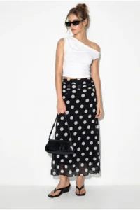 Bianco Lucci Women's High Waist Polka Dot Lined Midi Tulle Skirt 0023