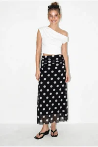 Bianco Lucci Women's High Waist Polka Dot Lined Midi Tulle Skirt 0023 - Image 2
