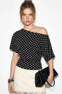 Bianco Lucci Women's Polka Dot Patterned Asymmetric Cut Waist-Fitting Bat Sleeve Blouse 6162