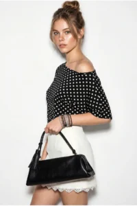 Bianco Lucci Women's Polka Dot Patterned Asymmetric Cut Waist-Fitting Bat Sleeve Blouse 6162 - Image 2
