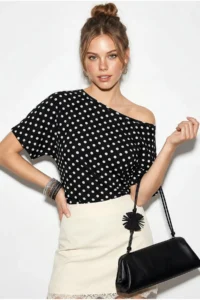Bianco Lucci Women's Polka Dot Patterned Asymmetric Cut Waist-Fitting Bat Sleeve Blouse 6162 - Image 3