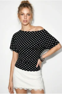 Bianco Lucci Women's Polka Dot Patterned Asymmetric Cut Waist-Fitting Bat Sleeve Blouse 6162 - Image 4