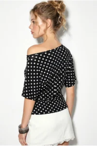 Bianco Lucci Women's Polka Dot Patterned Asymmetric Cut Waist-Fitting Bat Sleeve Blouse 6162 - Image 5
