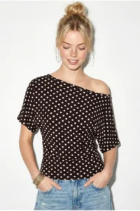Bianco Lucci Women's Polka Dot Patterned Asymmetric Cut Waist-Fitting Bat Sleeve Blouse 6162