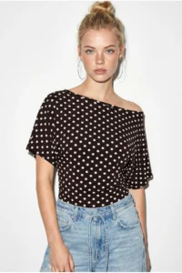 Bianco Lucci Women's Polka Dot Patterned Asymmetric Cut Waist-Fitting Bat Sleeve Blouse 6162 - Image 2