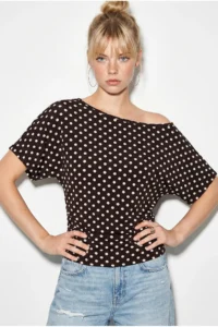 Bianco Lucci Women's Polka Dot Patterned Asymmetric Cut Waist-Fitting Bat Sleeve Blouse 6162 - Image 3
