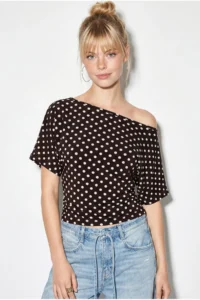 Bianco Lucci Women's Polka Dot Patterned Asymmetric Cut Waist-Fitting Bat Sleeve Blouse 6162 - Image 4