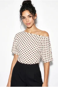 Bianco Lucci Women's Polka Dot Patterned Asymmetric Cut Waist-Fitting Bat Sleeve Blouse 6162 - Image 2