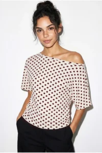 Bianco Lucci Women's Polka Dot Patterned Asymmetric Cut Waist-Fitting Bat Sleeve Blouse 6162 - Image 3