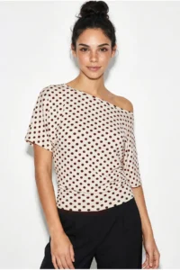 Bianco Lucci Women's Polka Dot Patterned Asymmetric Cut Waist-Fitting Bat Sleeve Blouse 6162 - Image 4