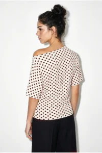 Bianco Lucci Women's Polka Dot Patterned Asymmetric Cut Waist-Fitting Bat Sleeve Blouse 6162 - Image 5