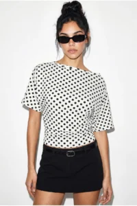 Bianco Lucci Women's Polka Dot Patterned Asymmetric Cut Waist-Fitting Bat Sleeve Blouse 6162 - Image 2