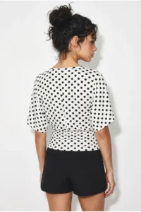 Bianco Lucci Women's Polka Dot Patterned Asymmetric Cut Waist-Fitting Bat Sleeve Blouse 6162 - Image 5