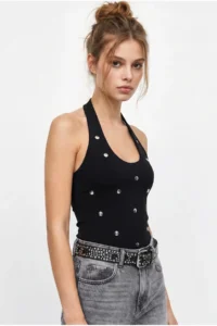 Bianco Lucci Women's Metal Accessories Halter Neck Fitted Blouse 1061 - Image 4