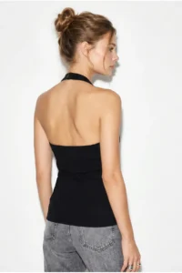 Bianco Lucci Women's Metal Accessories Halter Neck Fitted Blouse 1061 - Image 5