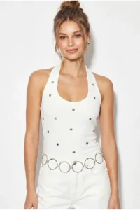 Bianco Lucci Women's Metal Accessories Halter Neck Fitted Blouse 1061 - Image 2